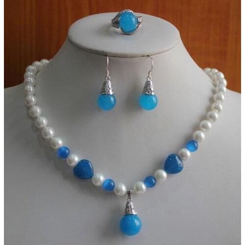 Free shipping white 8mm shell pearl stone earrings Necklace ring Pendant earring Set