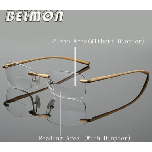 Bifocal Reading Glasses Men Women Rimless Aluminum-magnesium Frame Diopter Presbyopic Eyeglasses +1.0+1.5+2.0+2.5+3.0+3.5 RS341