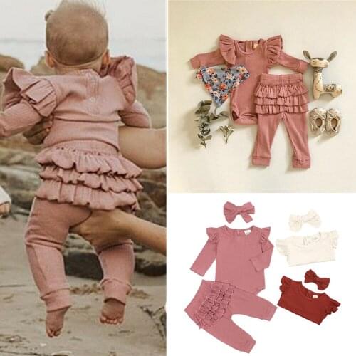 3-18Months Long sleeve pit stripes Newborn Infant Baby Solid Ruffle Romper Ruffle Pants+Headbands Outfits новогодний костюм M5