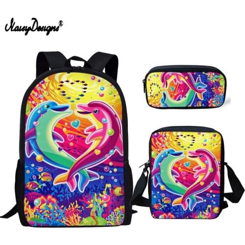 NOISYDESIGNS New School Bags Set for Children Bookbags Teenager Boys Girls Colorful Dolphin Schoolbag Fashion Backpacks Mochila