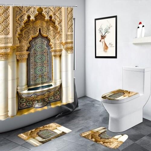 Morocco Retro Stone Door Shower Curtain Vintage Building Design Bathroom Decor Curtains Carpet Non-slip Rug Bath Toilet Mats Set