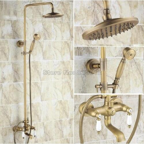 Wall Mount Antique Brass Bathroom Ceramic Handles Rain Shower Faucet Set with 8 inch Shower Head + Clawfoot Tub Mixer tap Wrs003