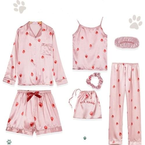 New Strawberry Seven-piece Pajamas Explosion Model Silk Luxury Soft Large Size Suit Home Service