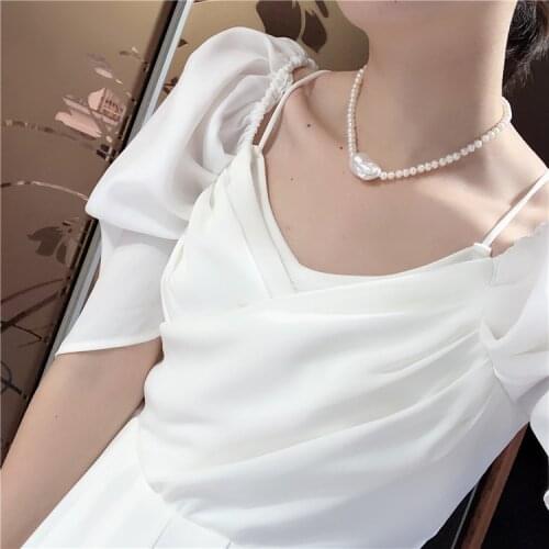 Hand knotted 6-7mm white freshwater cultured pearl baroque pendant sweater necklace long 43cm
