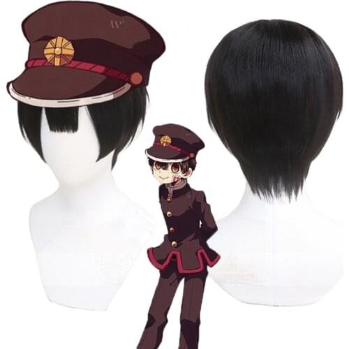 Jibaku Shounen Hanako Kun Cosplay Wig With Hat Short Black Heat Resistant Synthetic Hair Wigs + Wig Cap