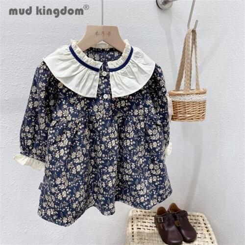 Mudkingdom Little Girl Floral Dress Fashion Turn-down Collar Long Puff Sleeve Princess Dresses Toddler Loose Fit Autumn Clothes