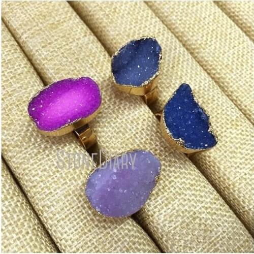 5Pcs Fashion Random Color Agates Druzy Ring Gold Electroplated Irregular Shape Ring Adjustable RM330