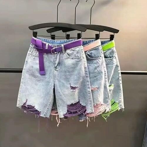 With Belt! High Street Women Summer BF Ripped Holes Color Denim Jeans Casual Pants Trousers Cool Denim Jeans Pants Shorts SY107