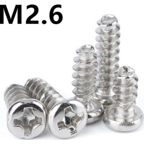 500PCS M2.6x4/5/6/8/10/12/16mm PB Nickel-plated Cross Round Head Flat Tail Self-tapping Screw