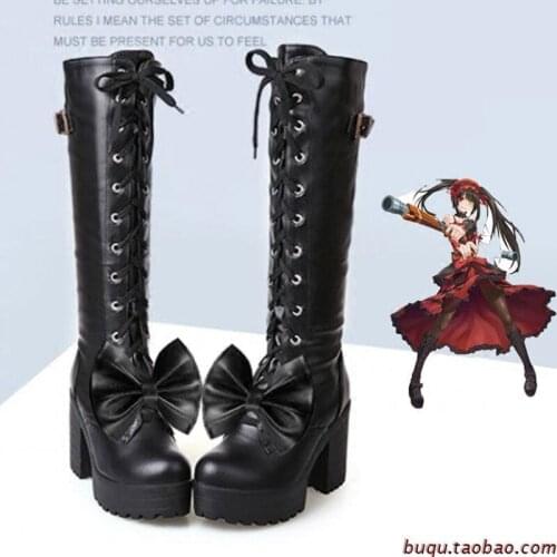 OLOMLB US4-11Women Platform Bowknot Knee High Boots Laceu Up Goth Punk Combat Military Boots Cosplay Block Heel Warm Black Shoes