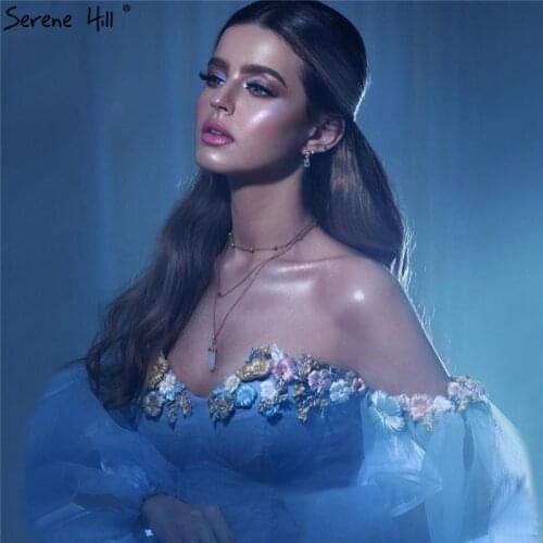 Serene Hill Blue Off Shoulder Long Sleeves Evening Dress Handmade Flowers A-Line Sexy Formal Party Gown 2020 CLA6491