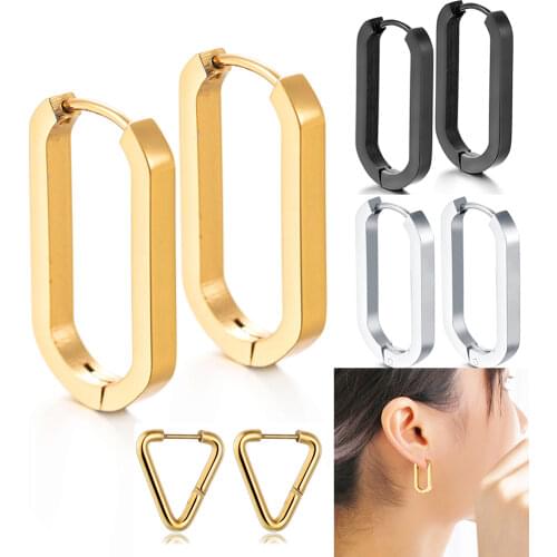 Classic Design Geometric Rectangular Lock Buckle Gold Color Metal Brass Oval Shape Small Hoop Earrings Women Party Jewelry Gift