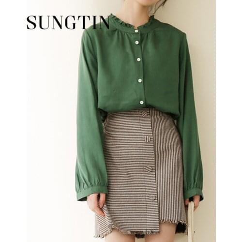 Sungtin Korean Lotus Leaf Collar Women Blouse New Casual Sweet Female Shirt French Fashion Design Elegant Blouses 2021 Chic