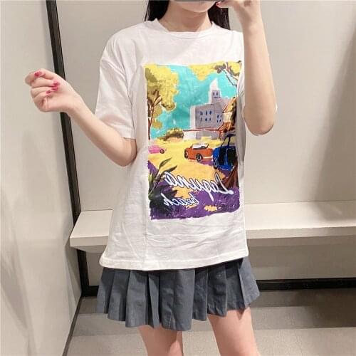 Cartoon print deep grey white cotton za women 2021 sheining vadiming tops harajuku oversized goth vintage graphic