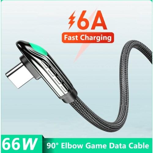 90 Degree USB Cable For Huawei P50 Xiaomi 11 Samsung 6A 66W Led Fast Charging Charger Nylon Gaming Data Cable 0.5M/1M/2M Wire