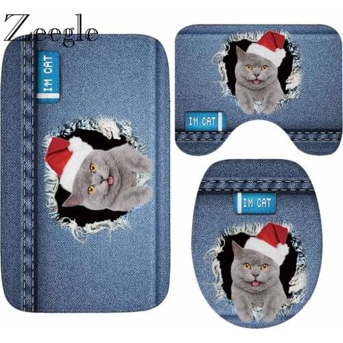 Zeegle Bath Mat Set Non-slip Shower Mat Toilet Rug Absorbent Foot Mat Kitchen Carpet 3D Cat Printed Washable Bathroom Carpet Set