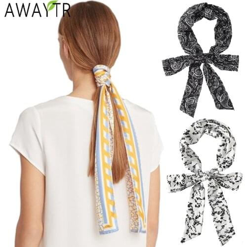 AWAYTR Vintage Bow Hair Bands Ribbon Scrunchies for Women Girls Long Elastic Hair Tie Ponytail Holder Female Hair Accessories