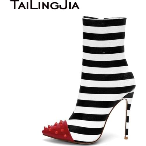 Womens Heels Mid-calf Boots Pointed Toe Rivets Short Boot Black and White Sripe Stletto High Heel Shoes 2019 Winter Autumn Zip