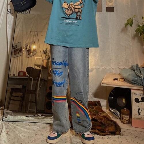 SLPBELY Cool Blue Rainbow Jeans Pants Sweet High Waist Streetwear Denim Pants For Women Wide Leg Loose Harajuku Jeans Summer New