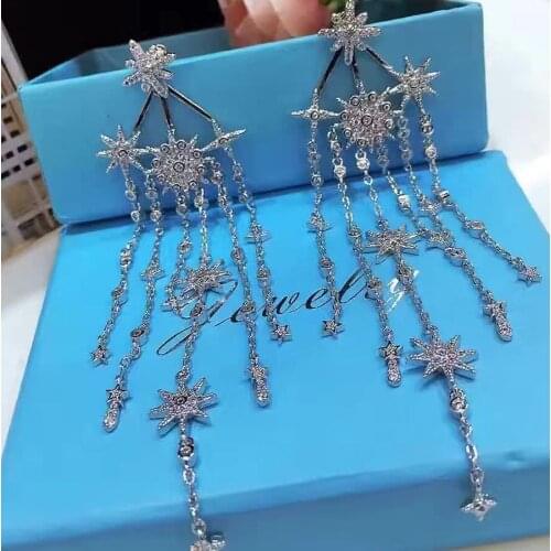Women Cubic zircon and colorful stone star long tassel earrings Vintage brincos party jewelry
