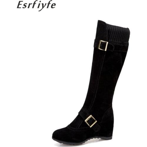 ESRFIYFE 34-43 Winter Boots Ladies High Heels Platform Knee High Snow Boots Women Warm Height Increasing Shoes Woman Footwear