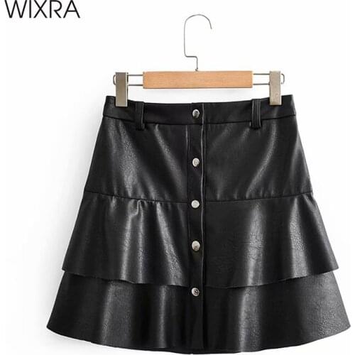 Wixra Womens PU Skirts High Waist Ruffles Mini Faux Leather A-Line Clothing Streetwear For Ladies Summer Autumn