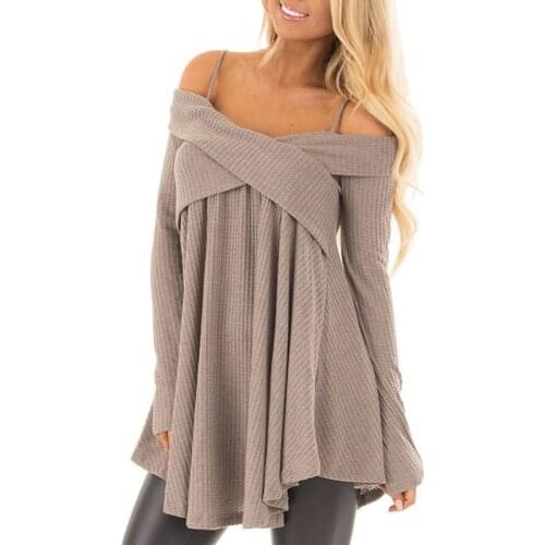Women Jumpers Off Shoulder Crisscross Tunic Sweater Casual Solid Spaghetti Strap Long Sleeve Pullover Ladies Tops Femme