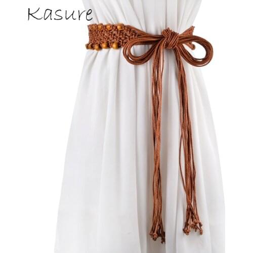 KASURE Bohemian Braided Belt Women Wooden Bead Knitted Waistband Vintage Weave Tassels Casual Boho Woven Belts Dress Decoration
