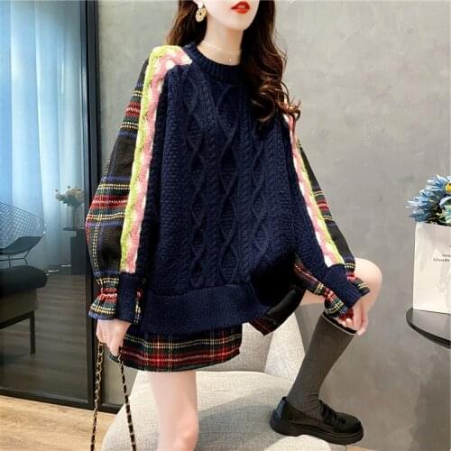 Ladies Warm Pullover Knit 2021 Autumn Winter Clothes Woman Plus Size Long Sweater Coat Contrast Color Long-Sleeved Plaid