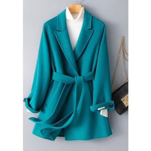 Winter 2021 New High-end Double-sided Cashmere Coat Female Blue Short Suit Woolen Coat Short