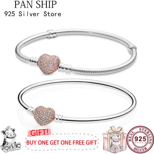100% 925 брелок Silver Shiny Rose Gold Heart With Crystal Button Pan Bracelet Fit European Charm Bracelets Women Jewelry