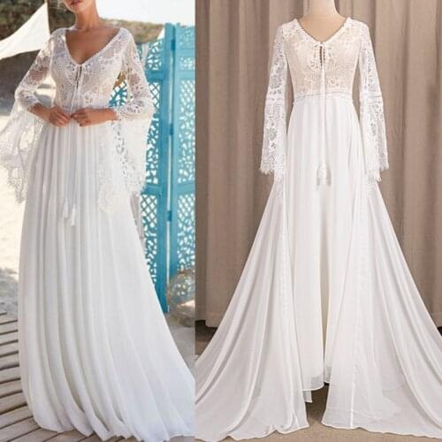 10028#Factory Price 100 % real sample photo Lace boho bohemian V-Neck Long Sleeve Backless wedding dress bridal gown