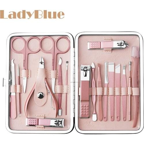 18pcs/set Rose Gold Manicure Set Cuticle Nipper Nail Clipper Blackhead Remover Nose Hair Scissor Ear Pick Eyebrow Nail Kits Tool
