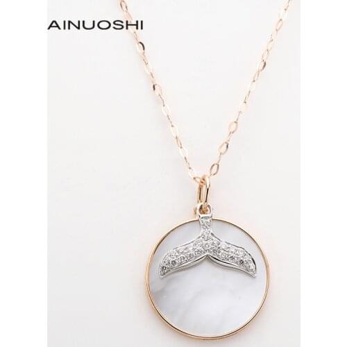 AINUOSHI 18K Gold 0.075ct Real Diamond Mother-of-pearl Whale Tail Pendant Necklace For Women Wedding Charm Jewelry Gift 18