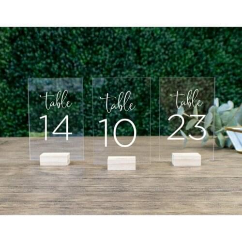 Wedding Table Numbers with Holders Clear Acrylic Calligraphy Wedding Signage Clear Wood Table Number Stand
