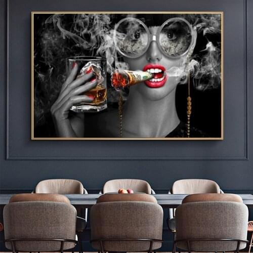 Cool Smoking and Drinking Gril Canvas Painting Modern Bar Posters and Print Wall Art Picture Cuadros Home Decoration Room Decor