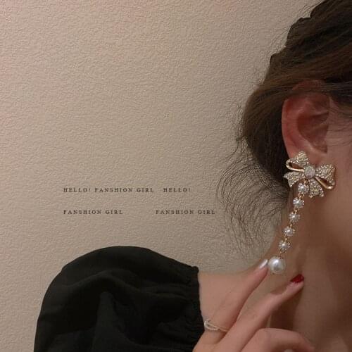 Korean Elegant Rhinestone Bowknot Drop Earrings For Women Girls Fashion Long Pearl Pendientes Party Jewelry Gifts