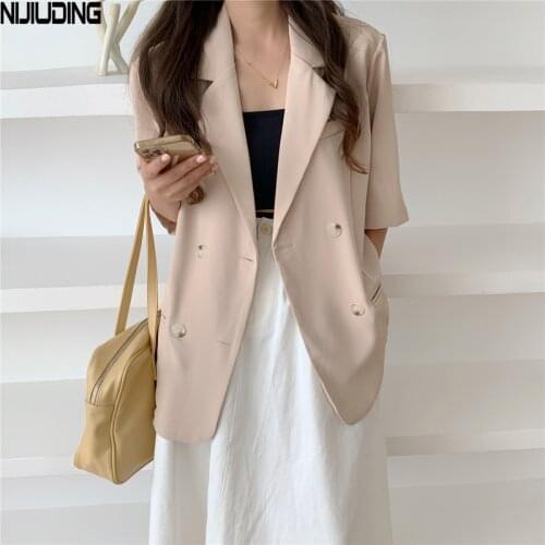 Summer Women Short Sleeve Thin Blazers Female Loose Solid Double Button Pocket Blazer Collar Tops Office Ladies Jackets New