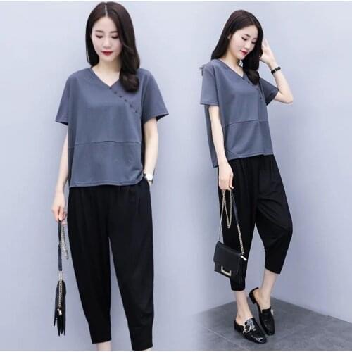 Pure Cotton Summer Set Women Thin Fashion Casual Two-Piece Temperament Top Suit Harlan Nine-Point Pants Female Outfit Suit L770