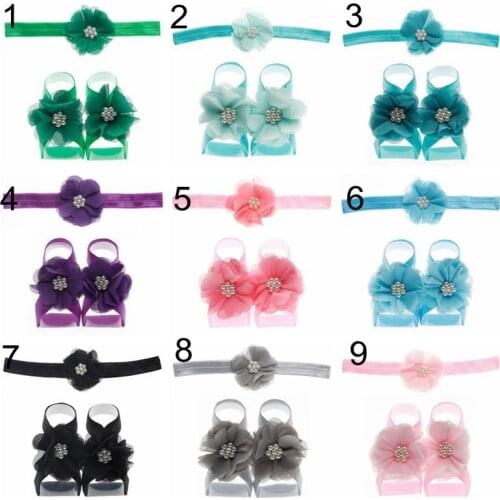 Fashion Baby Girls Net Yarn Flower Headband Hair Accessories and Pearl Sandal Shoes Set Newborn Foot Decoration Birthday Gifts