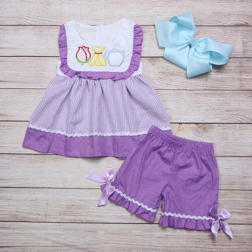 Fashionable Pure Cotton Baby Girls Suit Sleeveless Striped Embroidered Top And Purple Shorts ChildrenS Boutique Clothes