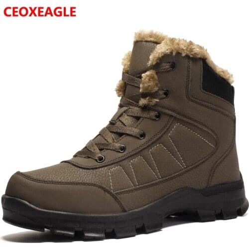 Leather Winter Shoes Plush Fur Lace up Men Boots Winter Ankle Boots Sneakers Outdoor Working Snow Boots Men Shoe Plus Size 39-47