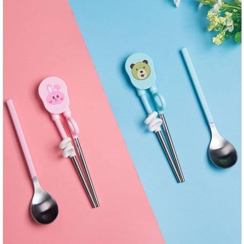 Two-Pcs Set Children Learning Chopsticks Spoon Portable Dinnerware 304 Stainless Steel Suit Anti-Slip High Temperature Kitchen