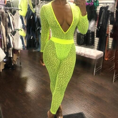 Neon Green Jumpsuit + Pant 2Pcs/Set Mesh Playsuit Sexy Club Skinny Combishort Femme Solid Romper Women Clothing 2019See Through