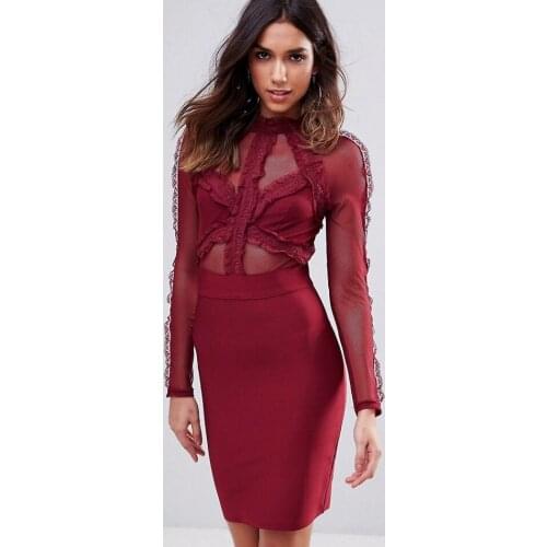 New Arrival Rufle Mesh Patchwork Bandage Femme Dress See Through Long Sleeve Round Neck Mini Bodycon Sexy Club Dress