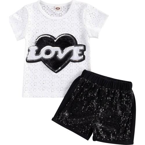 New Kids Sequin Suit Short Sleeve Round Neck Top Solid Color Sequin Shorts for Summer