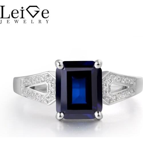Leige Jewelry Lab Blue Sapphire Gemstone 925 Sterling Silver September Birthstone Emerald Cut Engagement Rings For Woman