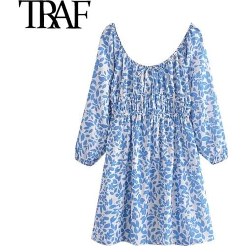 TRAF Women Fashion With Tied Floral Print Mini Dress Vintage Three Quarter Sleeve Elastic Waist Female Dresses Mujer