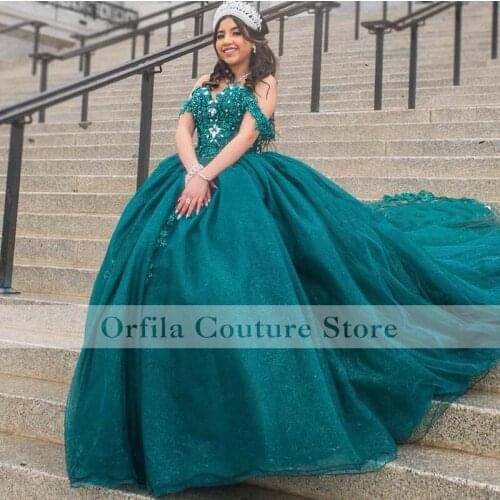 Charro Quinceanera Dresses Off the Shoulder Green Mexican Ball Gown Sweet 16 Vestidos 15 Anos Party Wear