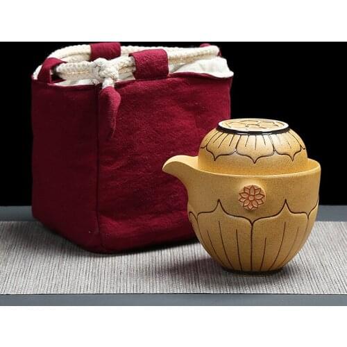 Portable Travel Quick Cup Lotus Tea Set Office Car Coarse Pottery Creative Master Quick Cup 1 Teapot + 1 Cup + 1 Hand Bag